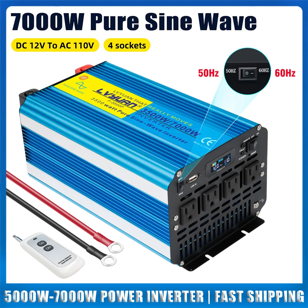 Inversor de Corriente DC12V a 120V AC 5000W/7000W, Onda Sinusoidal Pura, con 4 Tomas de Corriente, Puerto USB, Pantalla LCD/LED, para Auto, RV, Camión