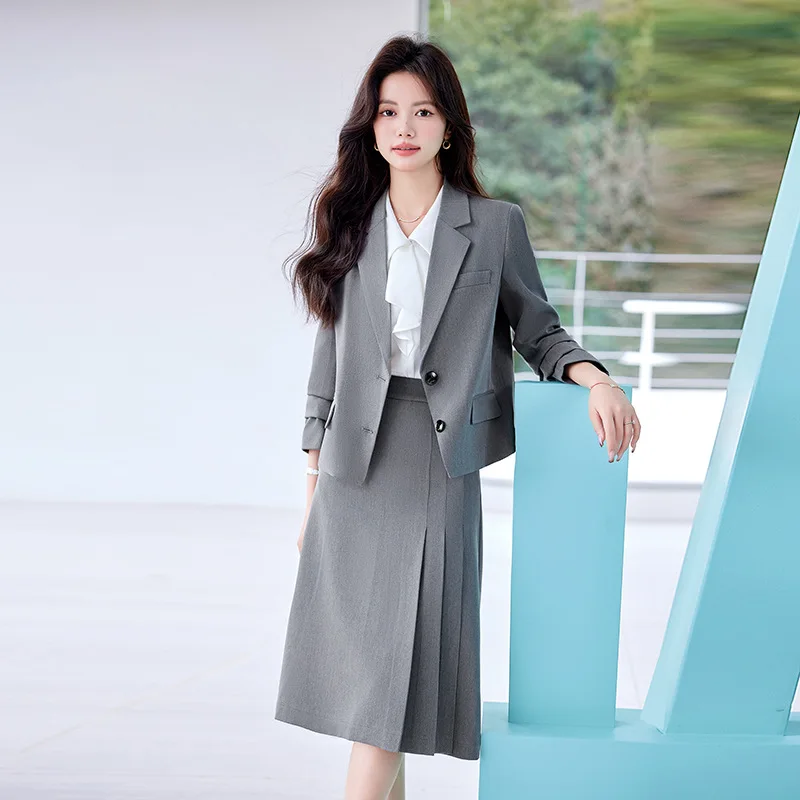 회색 세트 여성 용수철 가을 대학생 교육 면접복, 작은 플리츠 스커트, 분위기 있는 비즈니스 의류