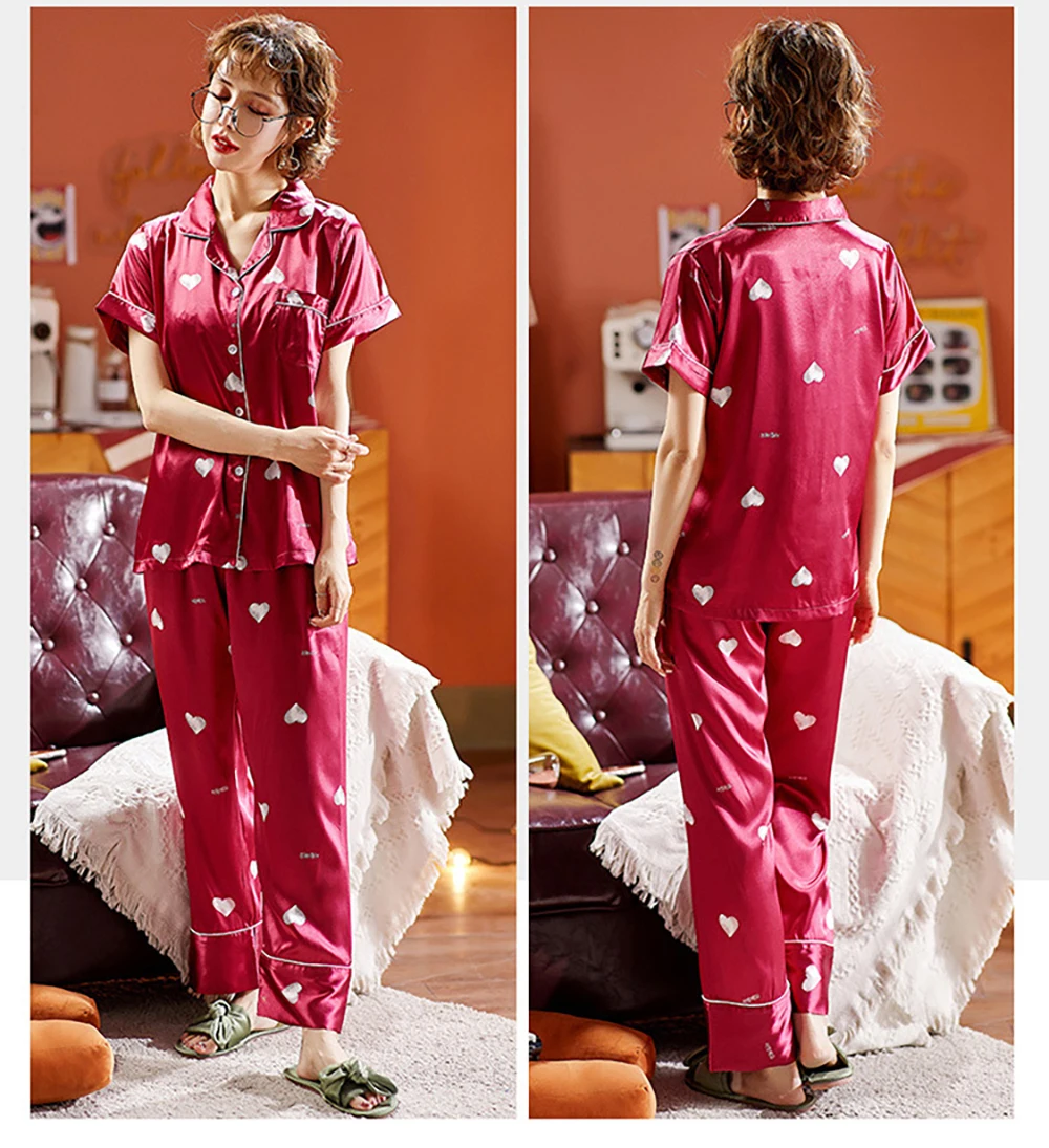 ladies pjs Women's Luxury Satin Pajamas Ladies Ice Silk Polka Dot Nightwear Woman Spring Summer Sleepwear Pajama Set 3XL Large Size Pyjamas sleep wear