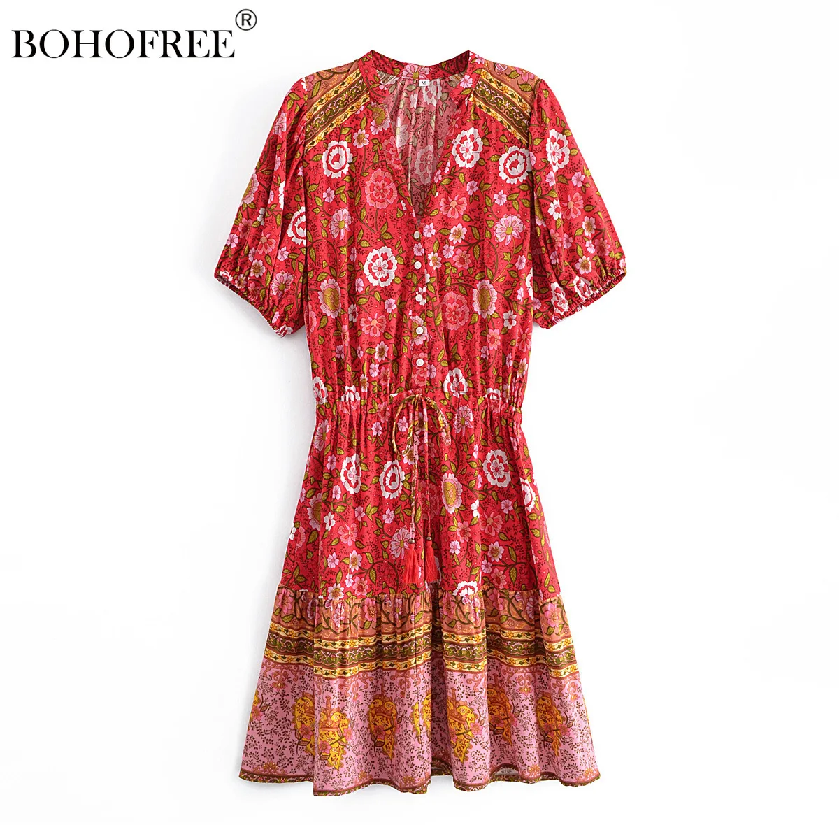 

Vintage Chic Vestidos Bohemian Printed Short-sleeved Dress Bohemian Button Printed Lace-up Dresses