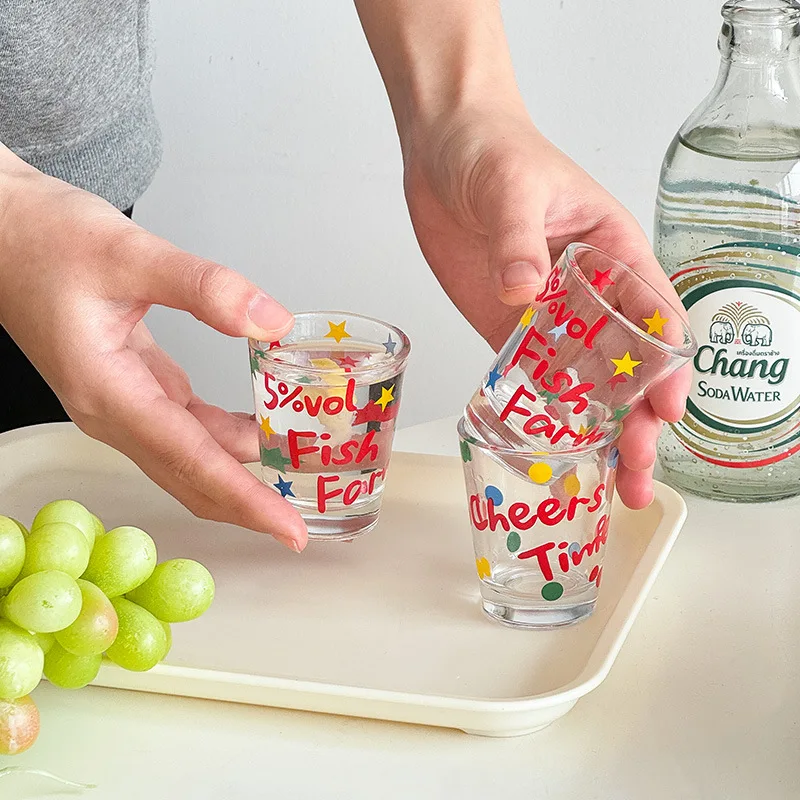 Letter Printed Glass Cup Wine Glasses,Cute Japanese Soju Glass,Thick Mini Whiskey Cocktail Glass Bar Wine Goblet Kawaii Cup Gift