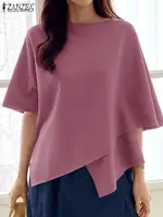 ZANZEA Women Fashion Blouse Chic 3/4 Sleeve Ruffle Hem Top Shirt 2025 Summer Round Neck Loose Blusa Elegant Irregular Work Tunic - Image 2