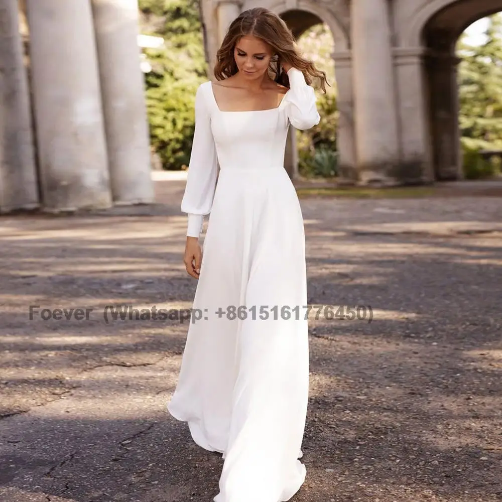 

Simple Long Sleeves Wedding Dress For Women Modest Square Neck Bride Dresses A Line Marriage Vestido De Noiva Custom Made