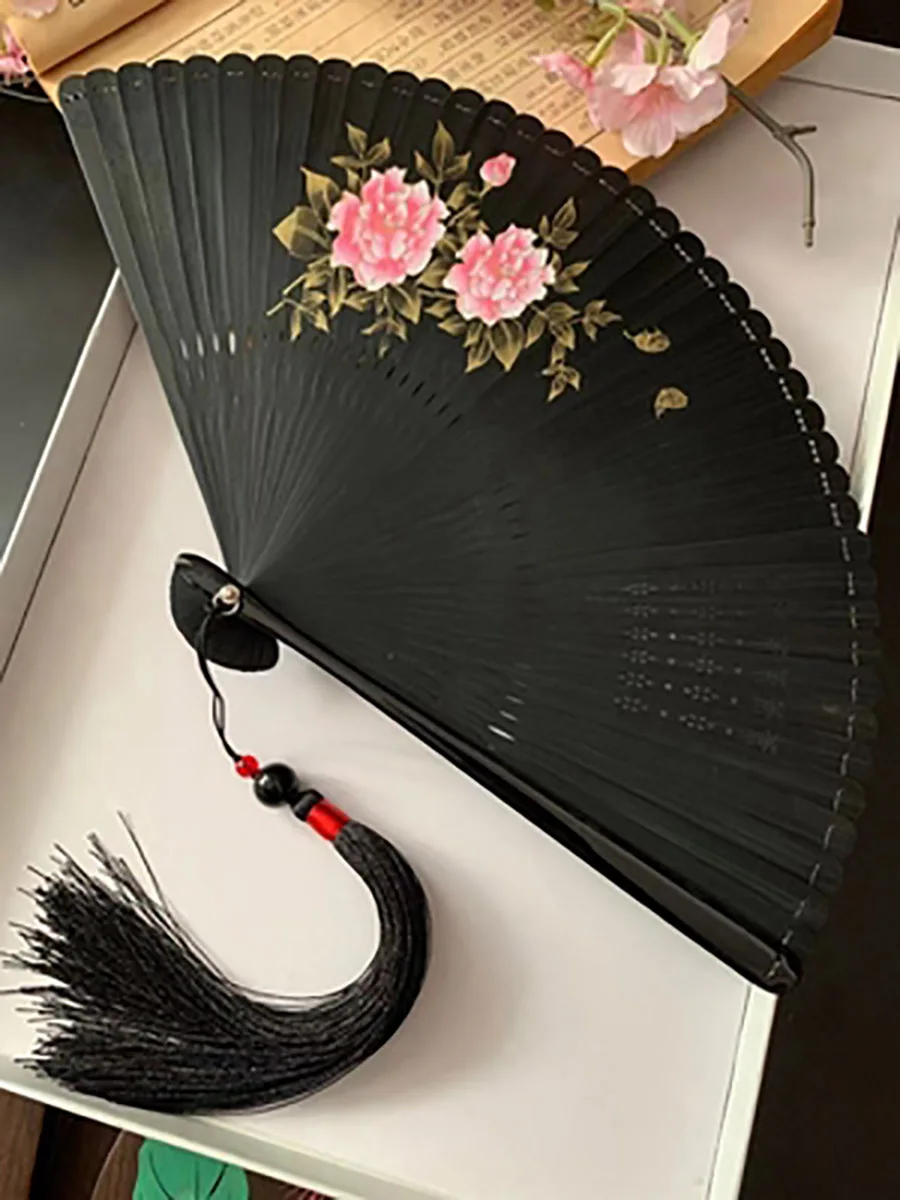Chinese Ancient Style Portable Bamboo Hand Fan, Foldable for Women, Ladies Summer Costume, Han Fu Dance, Cheongsam with Tassel