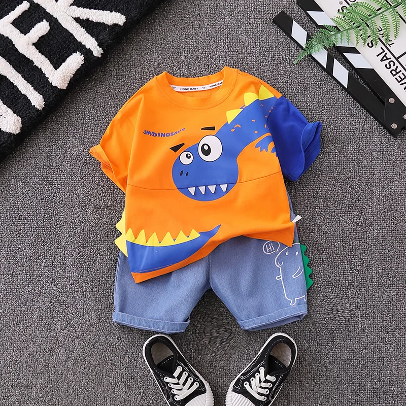 

2023 New 1-5 Year Old 2PCS Summer Children's Wear Big Dinosaur Short Sleeve+Shorts Two Piece Cartoon Cotton Comfortable Fabric