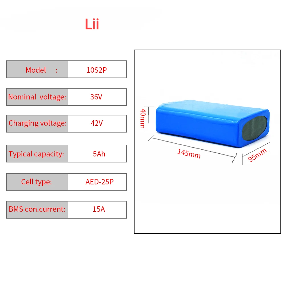 

Lii 10S2P 36V 5.2Ah 400watt li-ion battery pack xt60 jst for ebike scooter motor 42V lithium batteries 15A Separate port BMS
