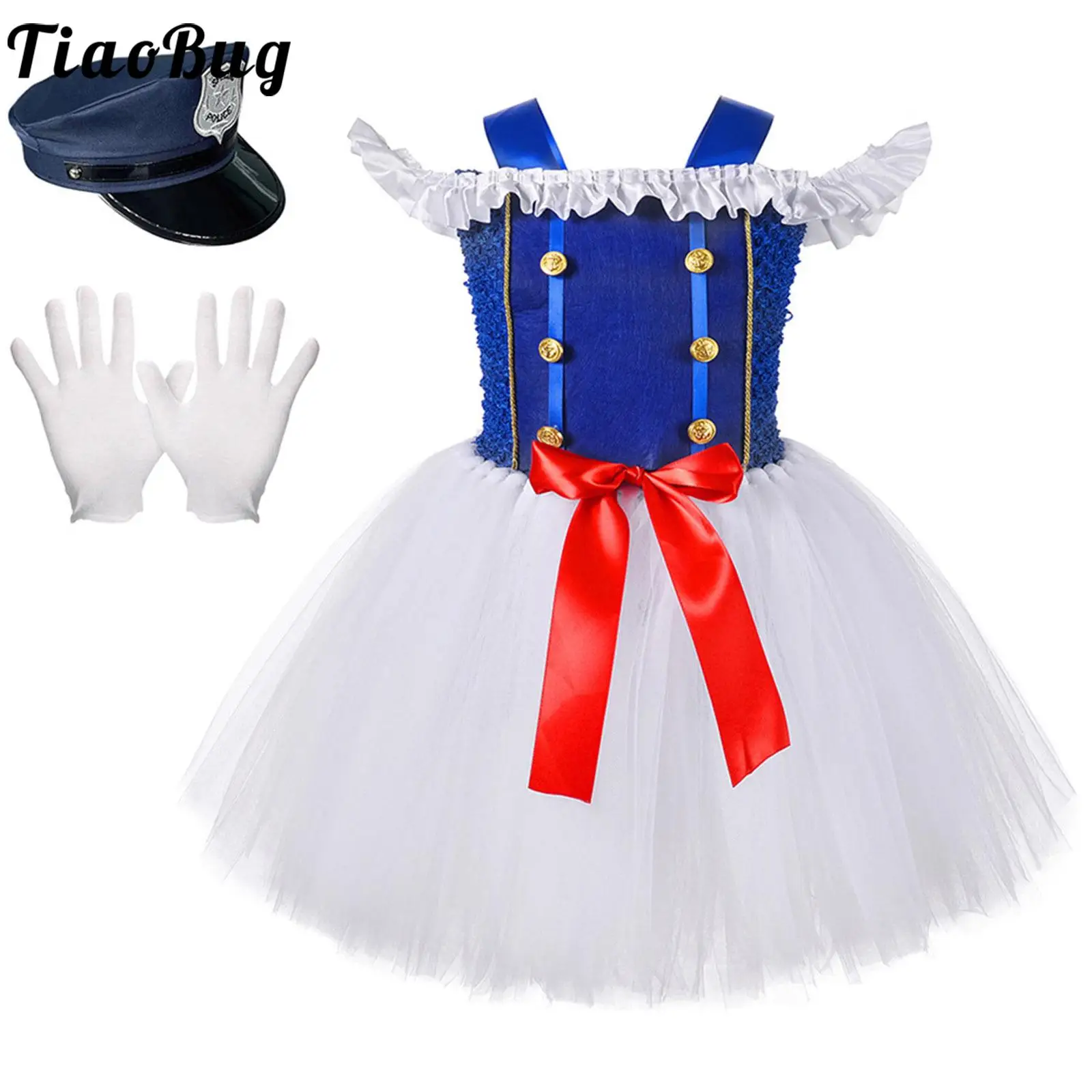 

Kids Girls Halloween Navy Police Costumes Off-Shoulder Ruffle Tulle Dress with Hat Gloves Carnival Festivals Theme Party Cosplay