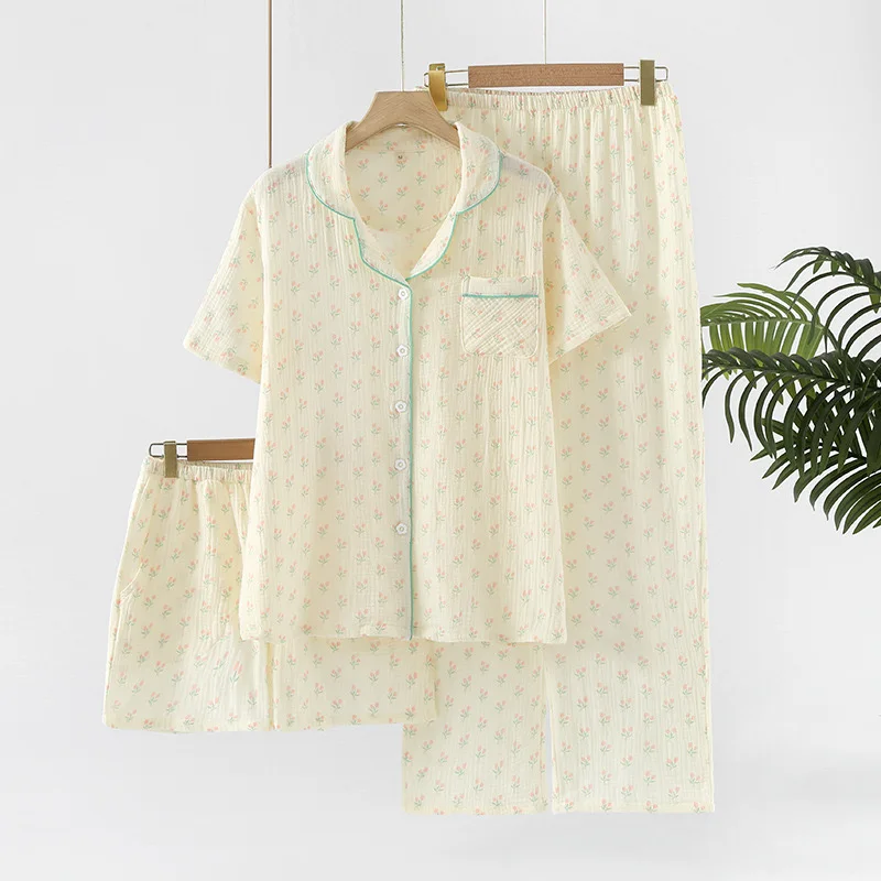 Summer Women's 3-Piece 100% Gauze Cotton Pajama Set - Short-Sleeved Top, Long Pants & Shorts