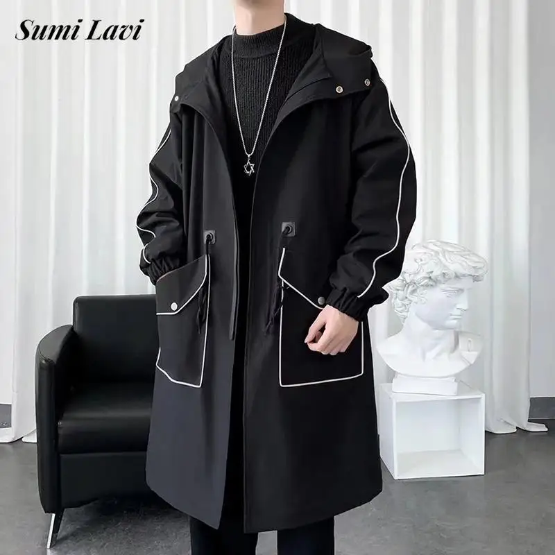 

Fashion Striped Patchwork Pockets Mens Jacket Long Coat Autumn Winter Casual Loose Windbreaker For Men Clothing Trend Streetwear