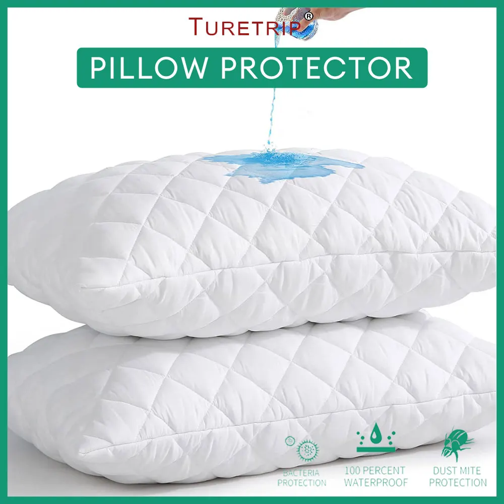 2pcs Quilted Pillow Covers Waterproof Pillow Protector Zippered Bedbug Proof & Washable Pillowcases