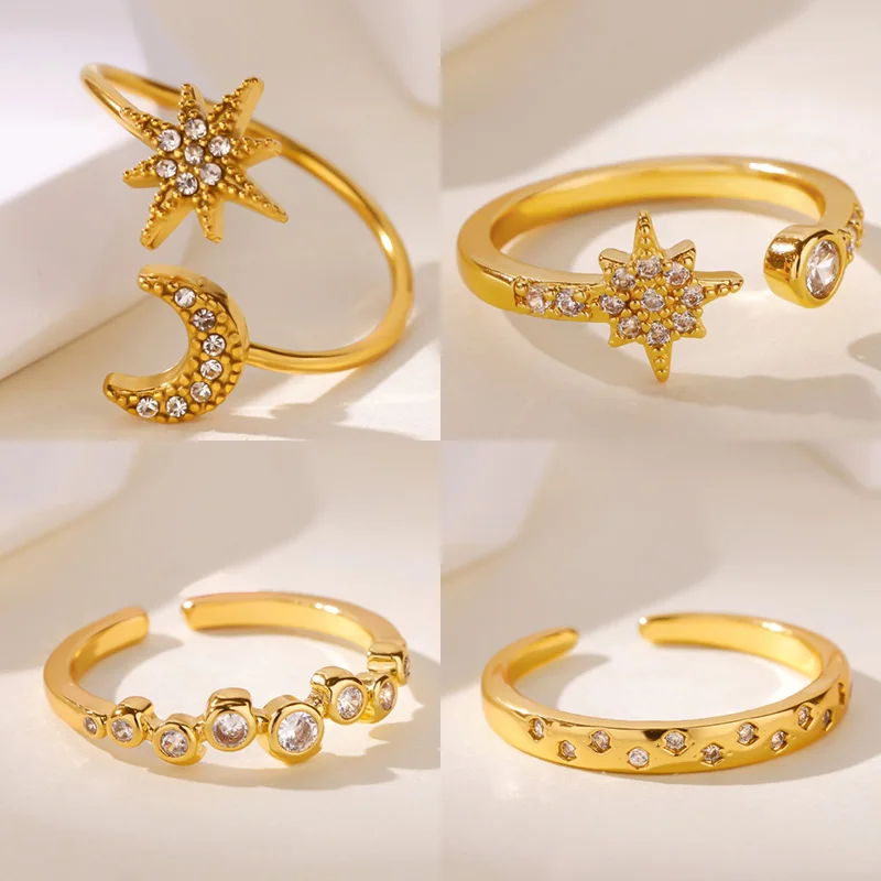 Dainty Zircon Stars Crescent Moon Rings for Women