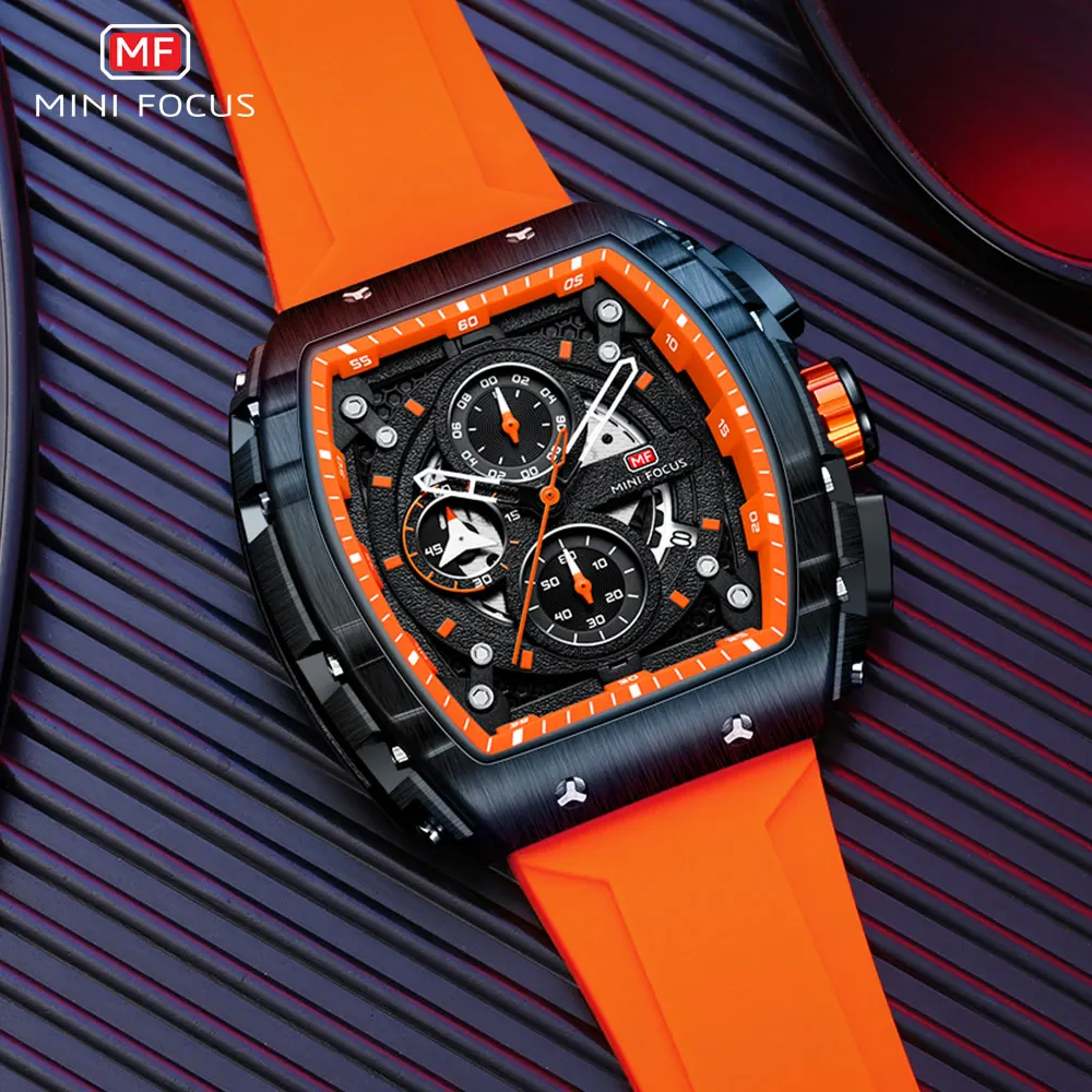 MINI FOCUS Chronograph Quartz Watch For Men Tonneau Dial Military Sport Wristwatch With Orange Silicone Strap Auto Date 0399_voghion.com