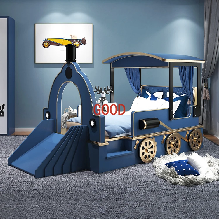 luxury children bedroom furniture sets double bed simulation car modeling and slide design solid wood kids bed blue for boy