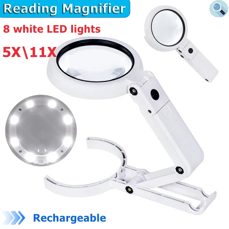 Desktop Magnifier Reader 11x 5x Portable Magnifier with Light and Stand Foldable Handheld ...