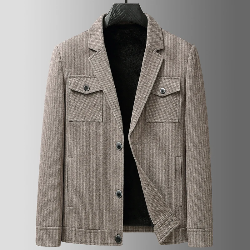 

Autumn and Winter Striped Men's Woolen Jacket Fashion Casual Business Formal Short Coat Lapel Social Office Windproof Overcoat