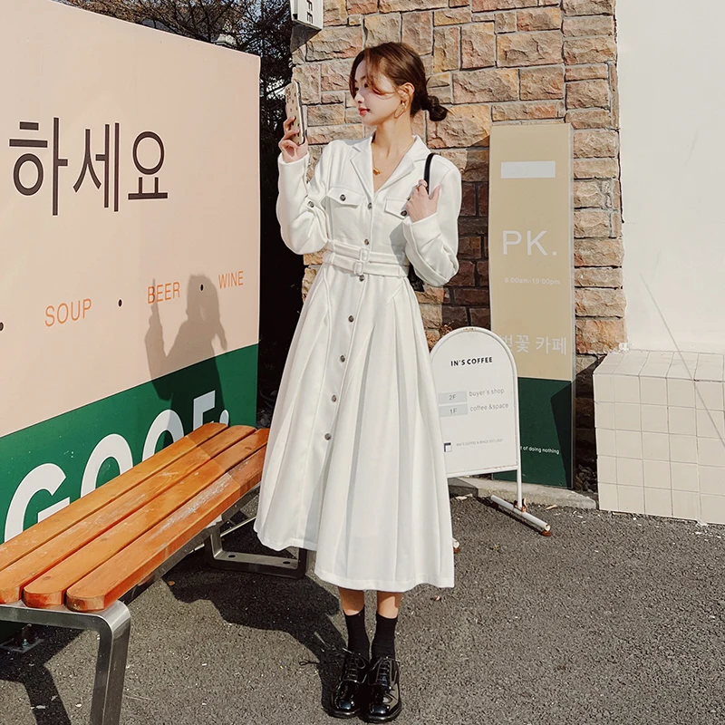 

Fashion Elegant White Dress for Women 2023 Spring Autumn Long Sleeve Button Belted Loose Korean Style Casual Lady Dresses C351
