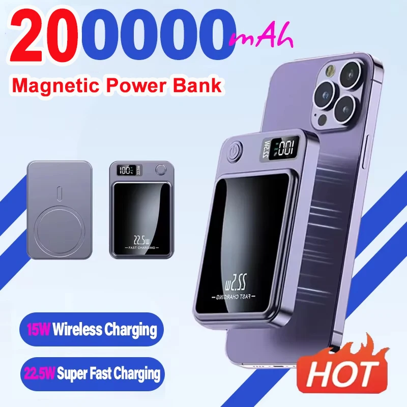 Power Bank 200000mAH Magnetic Wireless 22.5W Ultra Capacity Super Fast Charging For Iphone16 Samsung Xiaomi