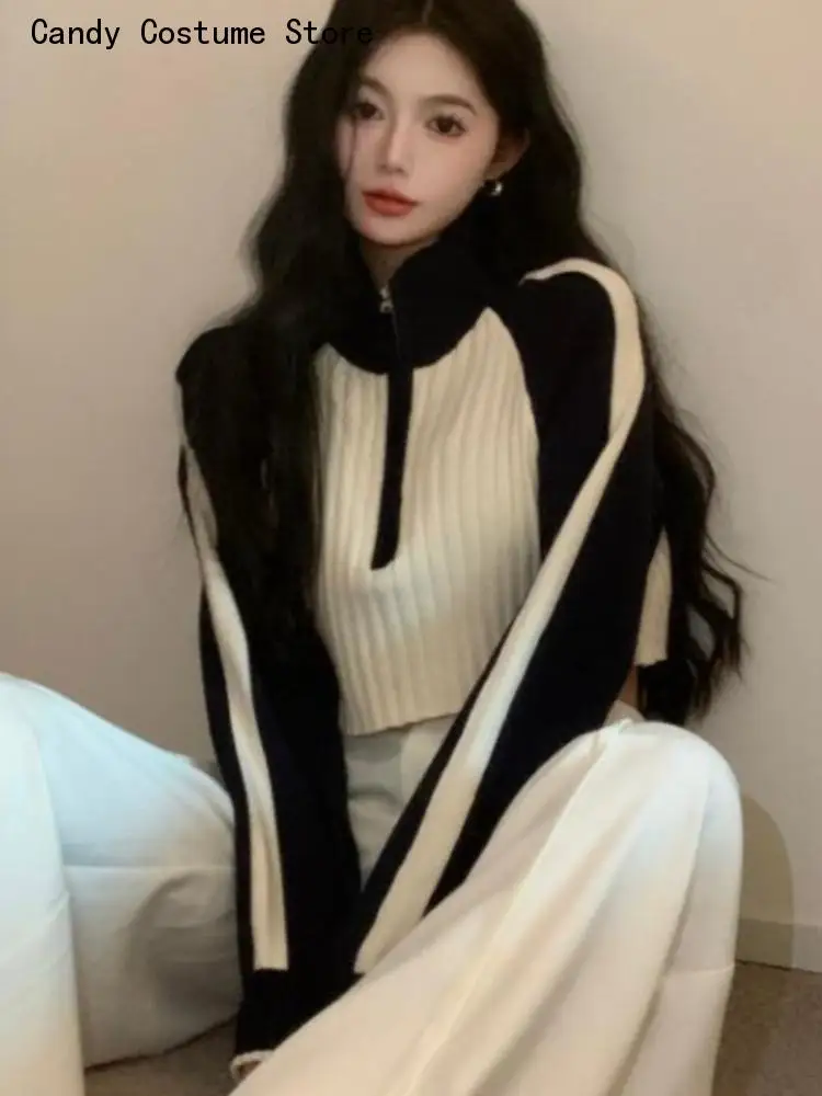 

Chandails Long Sleeve Womans Aesthetic Turtleneck Zipper Korean Fashion Femme Sweaters Contrast Color Patchwork Crop Tops