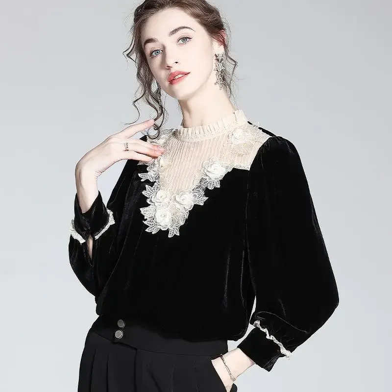

Gold Velvet Top Women's Clothing Spring Autumn Jacket Light Luxury Ladies Coat French Lace Splicing Bottoming Shirt Polo Shirt