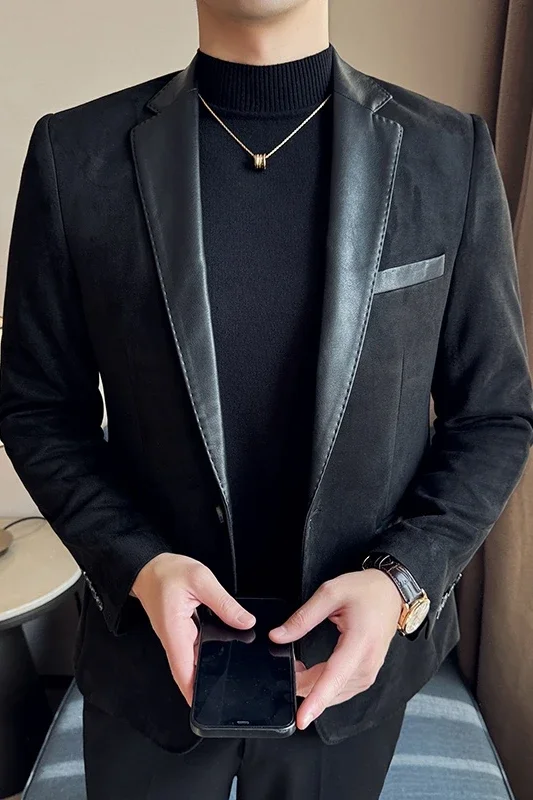 Suede Suit Jacket for Men Korean Fashion PU Splicing Casual Business Blazer Masculino Office Social Dress Coat Men Clothing