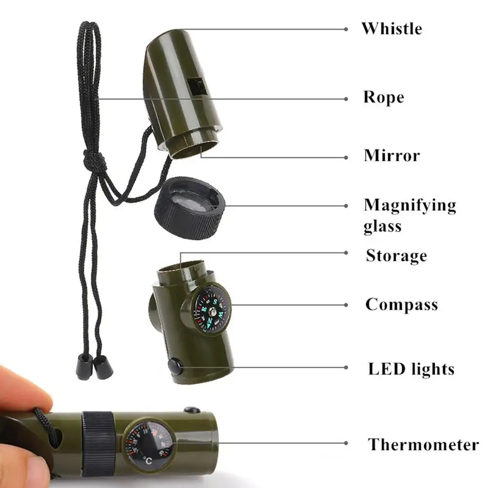 7-in-1 Multi-functional Survival Whistle Outdoor Professional Emergency Safety Whistle With Lanyard LED Light Compass Wholesale
