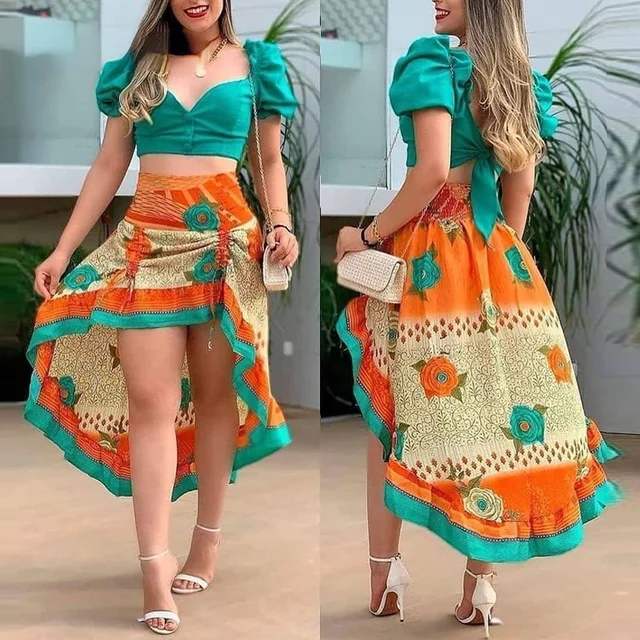 Casual suit full-print puff sleeve cropped top with skirt skirt suit 2