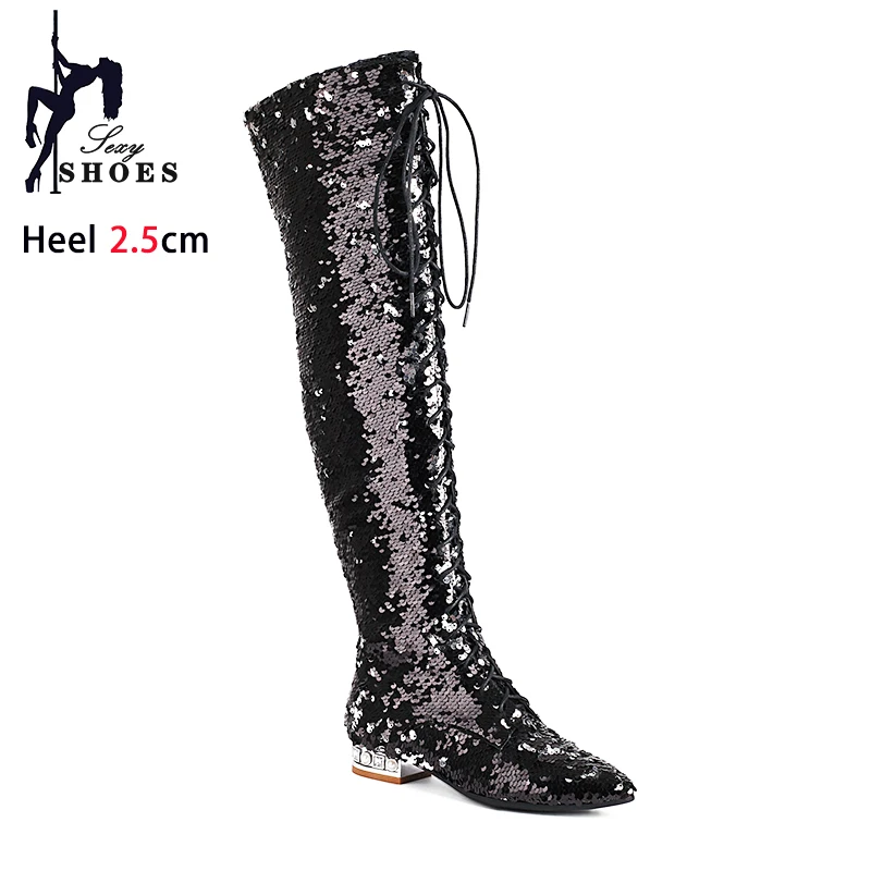 Women Sexy Long Black Boots Autumn Winter Low Heel Party Shoes Shiny Sequined High Heels Lace-up Over the Knee Boots Large Size