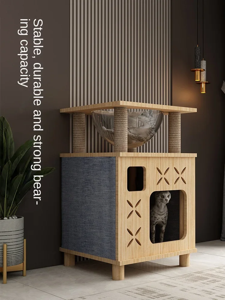 

Cat nest solid wood four-season universal villa closed cat house climbing frame human and cat shared bedside table