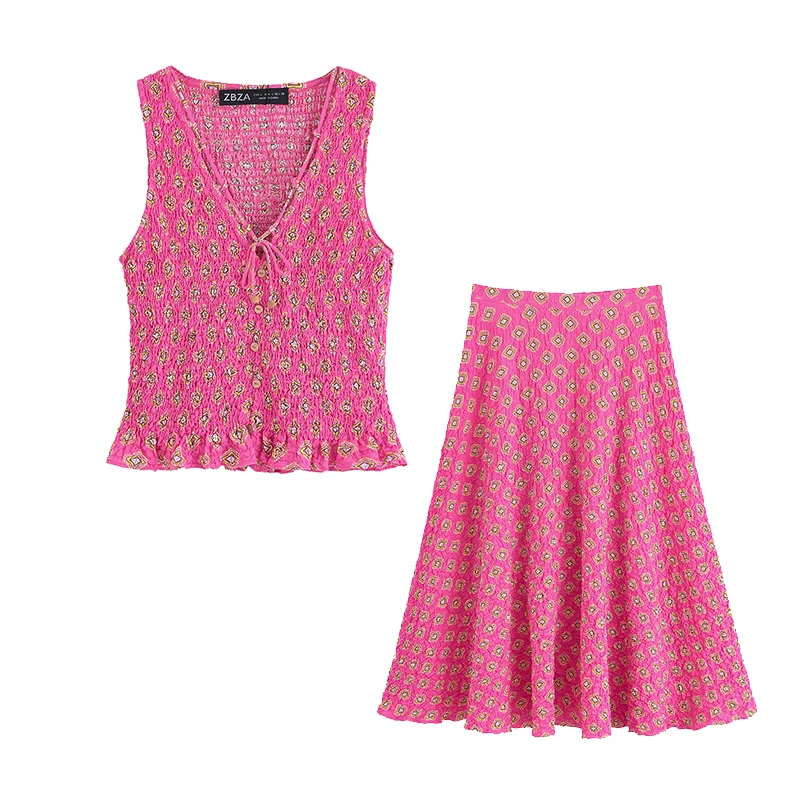 Vintage Printed High Waist Midi Skirts 2 Piece Sets For Women 2025 New V Neck Tied Short Top Holiday Summer Woman Outfits