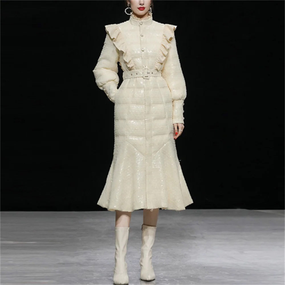 

Winter women new sequins white duck down jacket thickened fishtail long coat