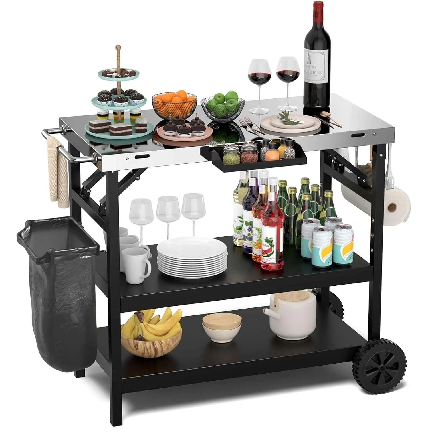 Barbecue Table with 3 Shelves, Barbecue Trolley,Towel Holder, Tissue Holder & Hook, Outdoor Serving Trolley, Side Table