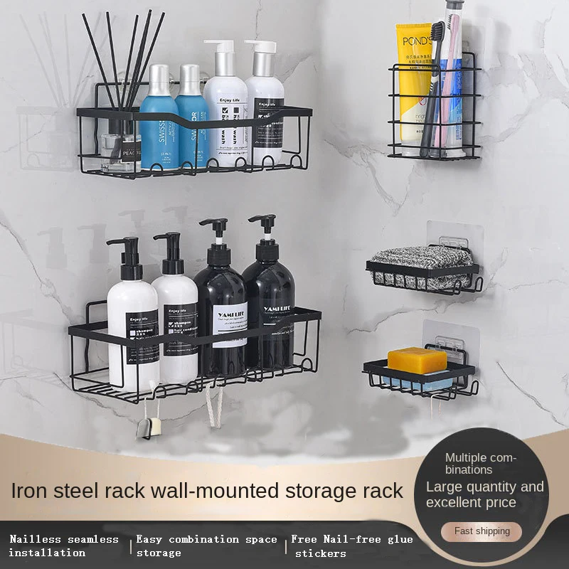 

Bathroom Storage Rack Bathroom Shelves Kitchen Organizer Black Shelves Corner Frame Iron Shower Punch-Free Mounted