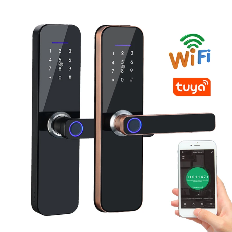 

Tuya Wifi Electronic Smart Door Lock With Biometric Fingerprint Smart Card Password Key Unlock USB Emergency Charge Home Lock