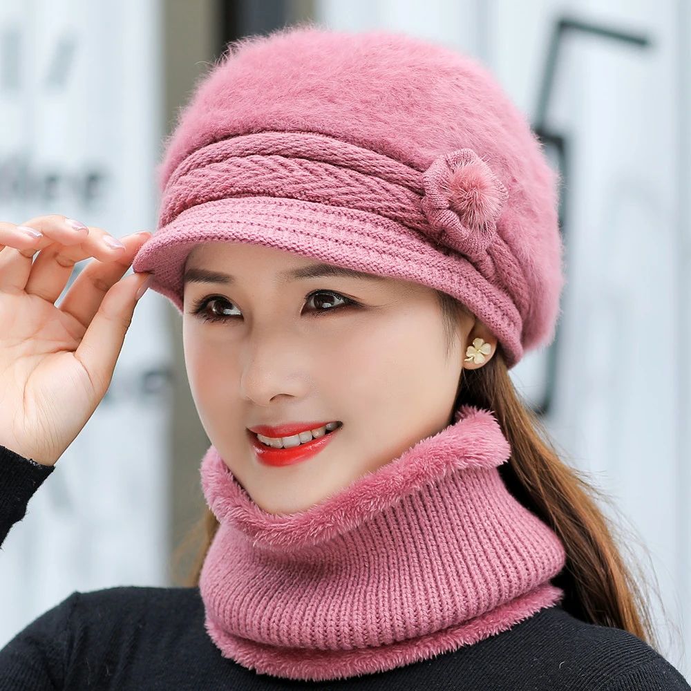 女性用のウサギの毛皮のニット帽 暖かいキャップと襟付きの帽子 女性用の暖かいカジュアルなウサギの毛皮の帽子 Women S Skullies Beanies Aliexpress