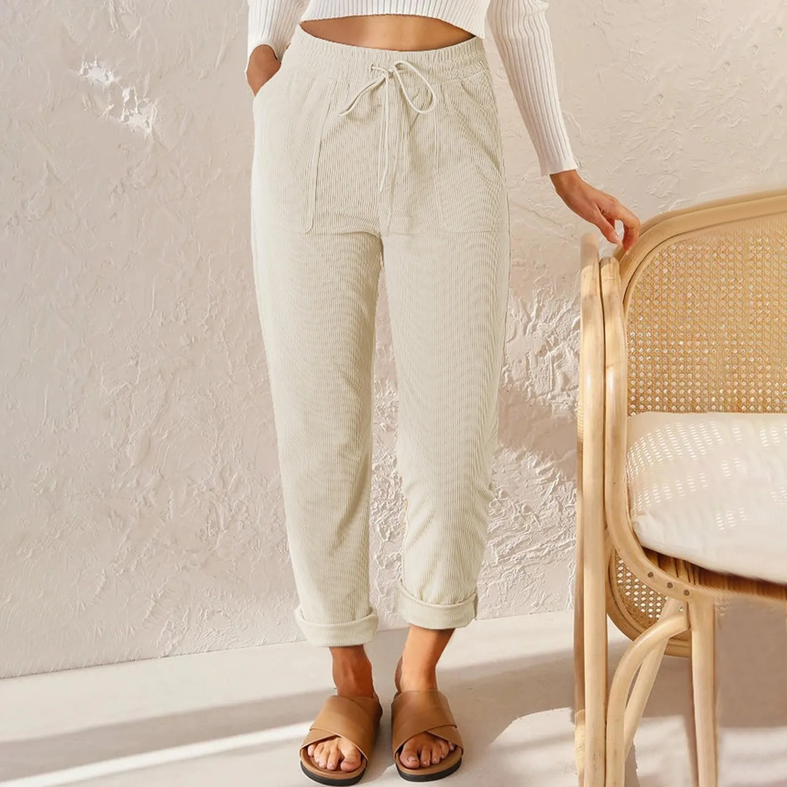 

Corduroy Pants For Women Casual Drawstring Elastic High Waist Straight Pants Thicken Loose Comfy Trousers With Pockets
