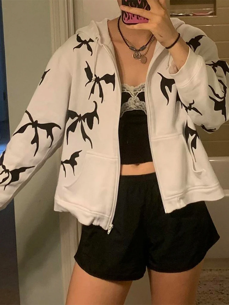 

SEASONS Bows Print Zip Up White Coats Women Fashion Loose Hooded Sweatshirt Punk Casual Streetwear Winter Overcoats ASHO85580