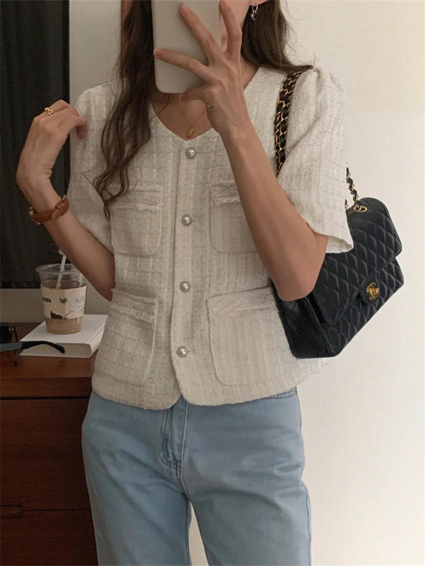 Arazooyi Summer Coats OL Women Pockets Work Wear Blazers Chic 2023 Elegant Office Lady Short Sleeve Slim New Weave OL
