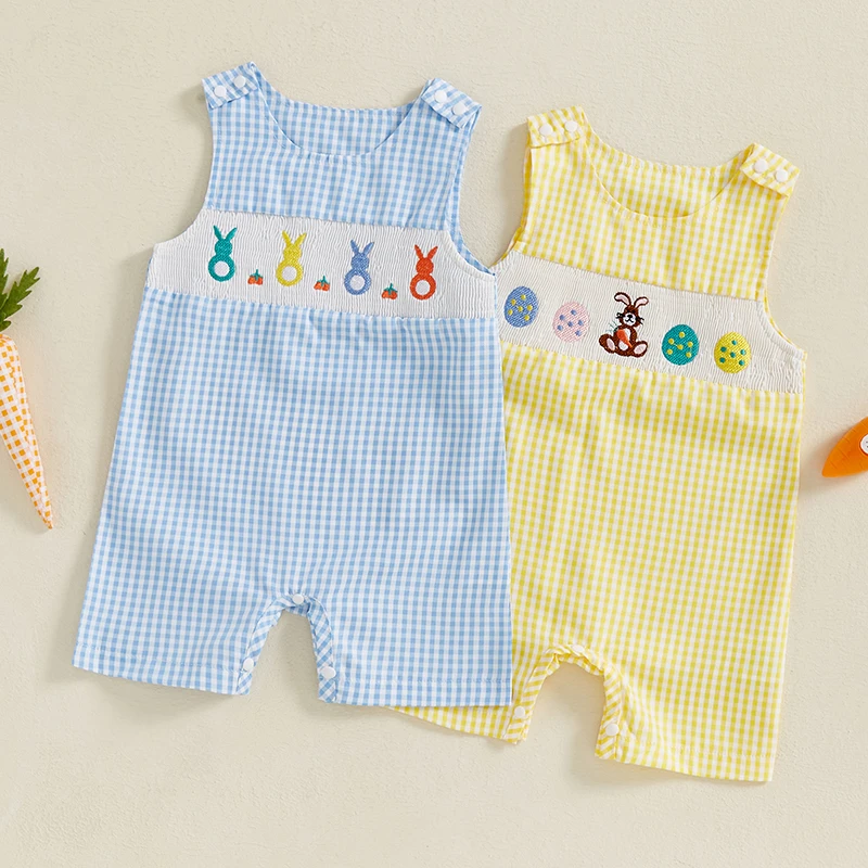 Newborn Baby Boys Girls Easter Jumpsuit Lovely Sleeveless Crewneck Egg Bunny Embroidery Plaid Tank Rompers for Toddlers 5