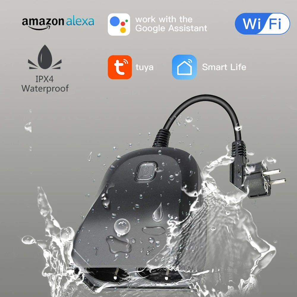 Smart Outdoor Plug IP44 Waterproof Smart Home Wi-Fi 2 Outlet Sockets Time Schedules Remote Control Works with Alexa Google Home