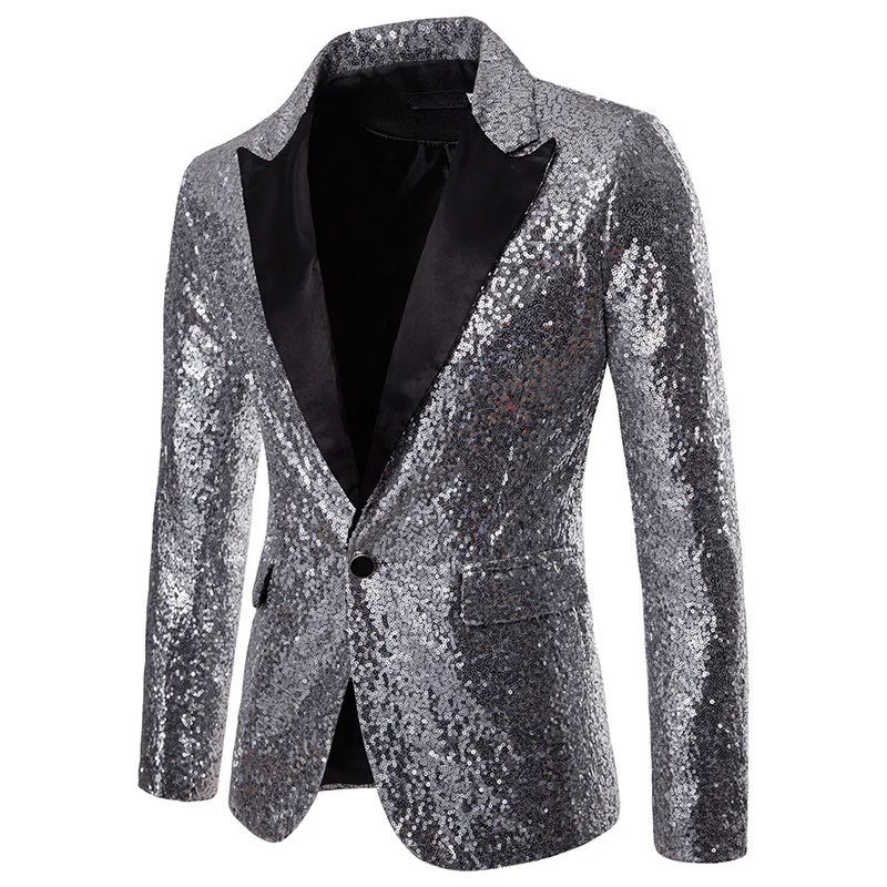 New Men Luxury Sequin Suit Loose Lapel Collar Jacket Fashion Singer Host Wedding Prom Party Stage Performance Dress Blazer 6