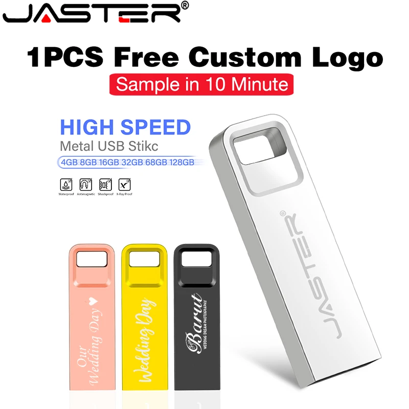 

USB флеш-накопитель JASTER с бесплатным логотипом на заказ, металлическая Флешка объемом 128 ГБ, 64 ГБ, лазерная гравировка, портативный USB-накопитель объемом 32 ГБ, 16 ГБ, 8 Гб