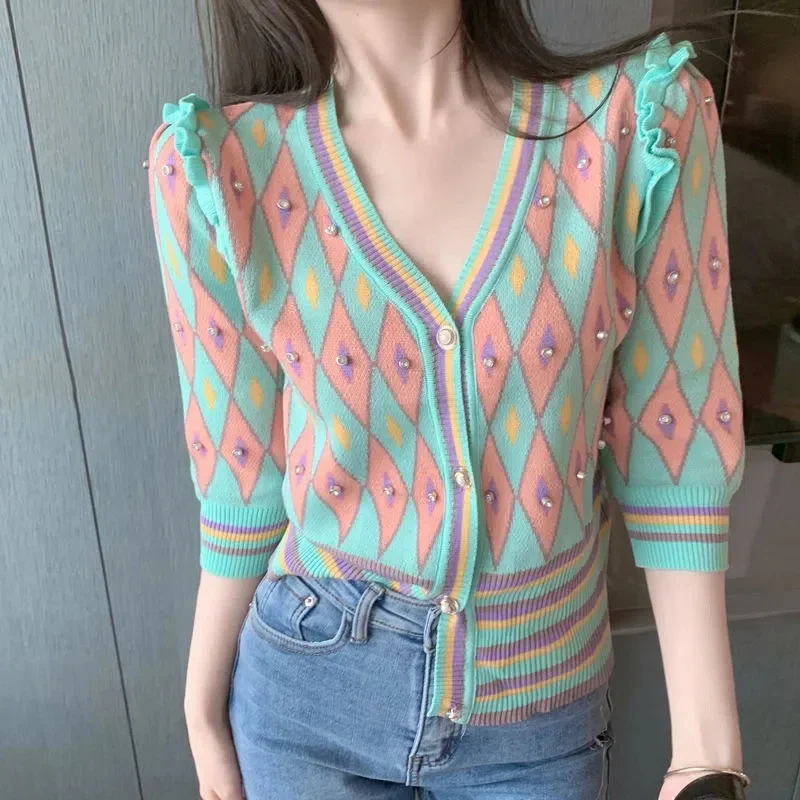 

V-Neck Thin Ice Silk Tops Women 2024 New Beading Short Sleeve Sweater Female Vintage Argyle Short Knitted Cardigan Woman V760