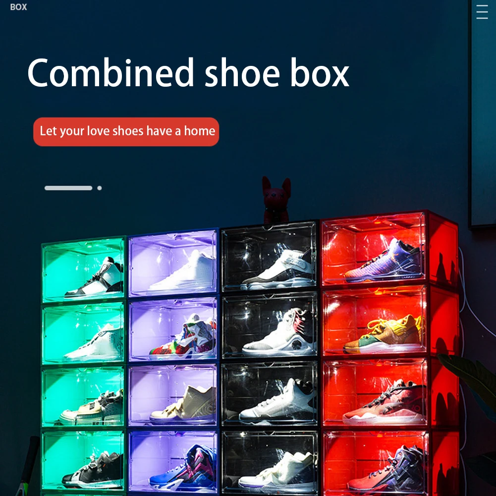 Transparent Plastic Shoe Box with LED Light Sound Control Voice