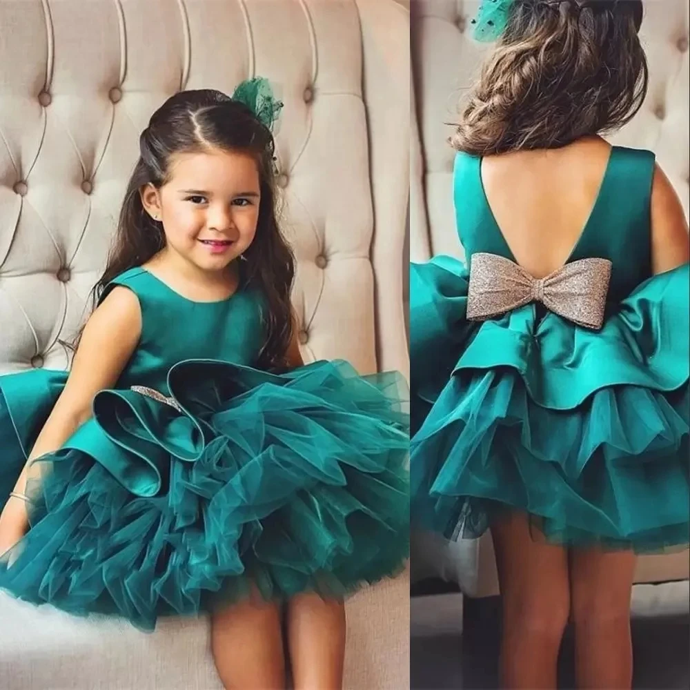 

Turquoise Mint Flower Girl Dresses O Neck Mini Short Cupcake Ruffles Tiered Ball Gown Satin Tulle Birthday First Communion Skirt