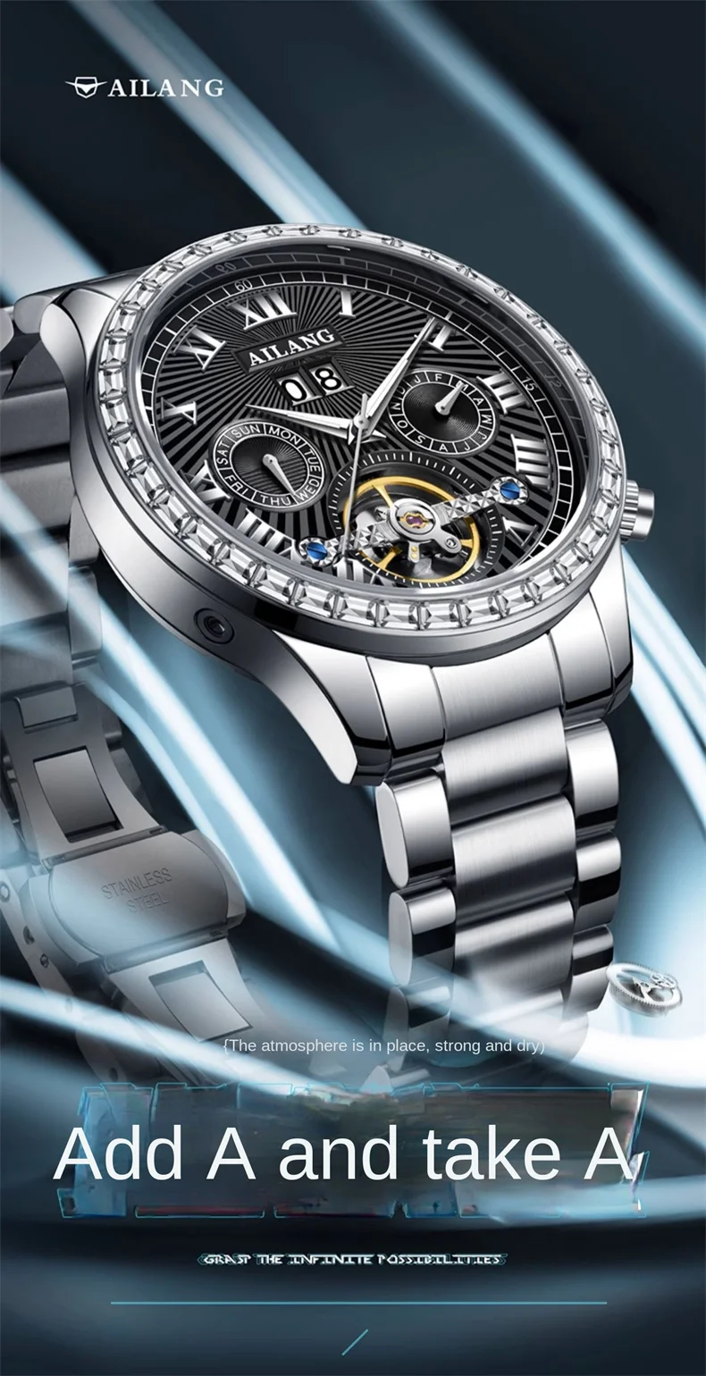 AILANG Orologio da polso di lusso Tourbillon luminoso impermeabile con data Orologio da uomo in acciaio inossidabile Orologi meccanici automatici da uomo Reloj_voghion.com