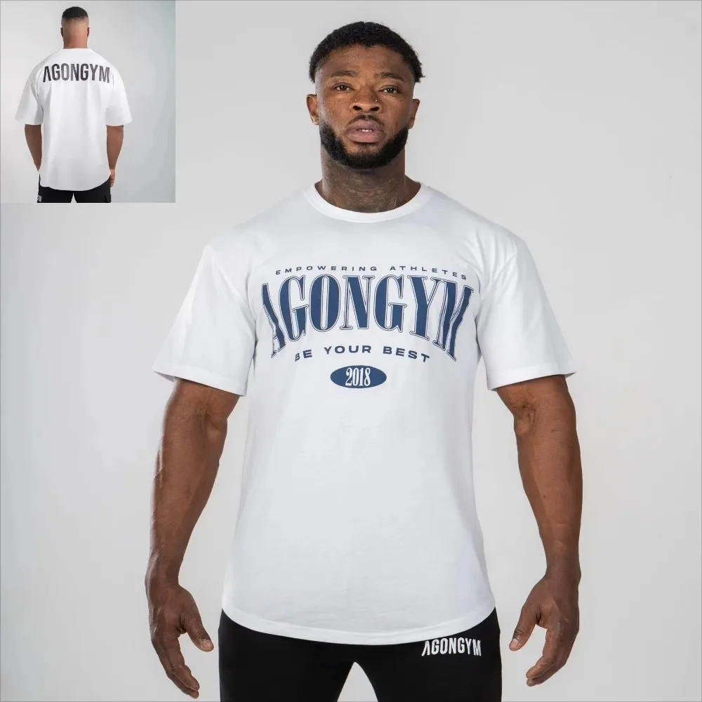 New Agongym T Shirt Men Loose Cotton Printed Bodybuilding Muscle Short Sleeve Gym Running Sports Workout Streetwear Top