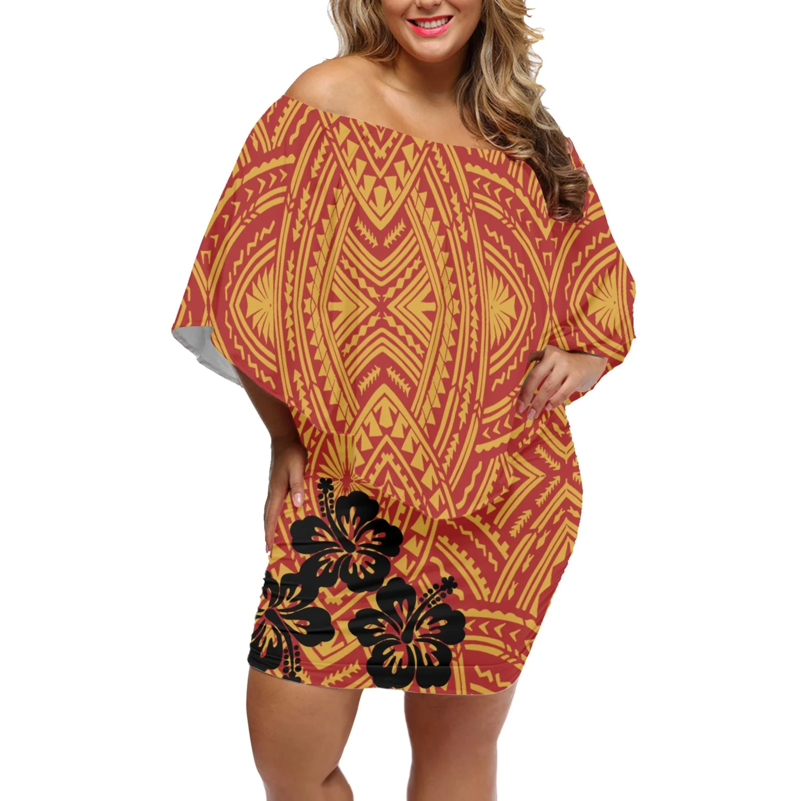 

Модное Элегантное женское платье, полинезийские традиционные племена, платье с принтом, открытыми плечами и рукавами летучая мышь, облегающие ягодицы