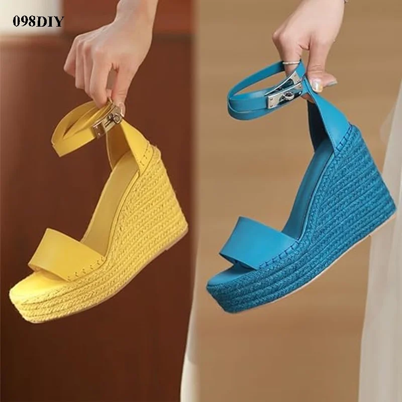 

Casual Ankle Strap Platform Open Round Toe Wedge Espadrilles High Heel Sandals Women Summer Shoes Buckle Lock Party Shoes