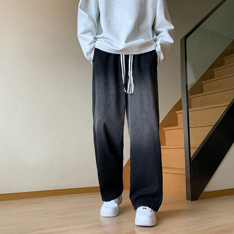 Jeans fall gradient wide leg straight pants high street loose casual retro washed cargo pants men joggers