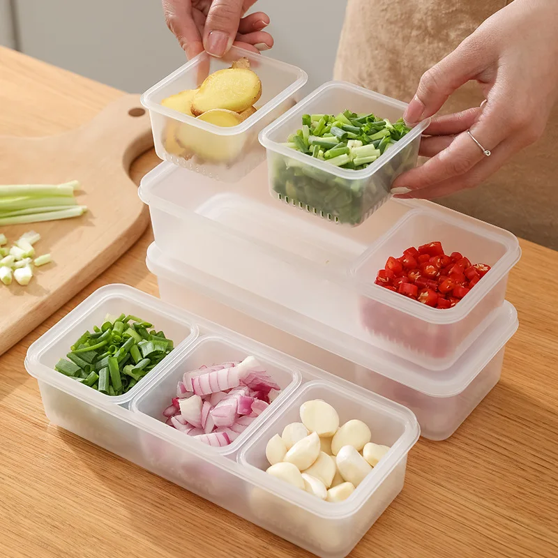 

3 Grids Scallion Drain Crisper with Lid Divided Compartments Refrigerated Crisper Container Classification Side Dish Storage Box